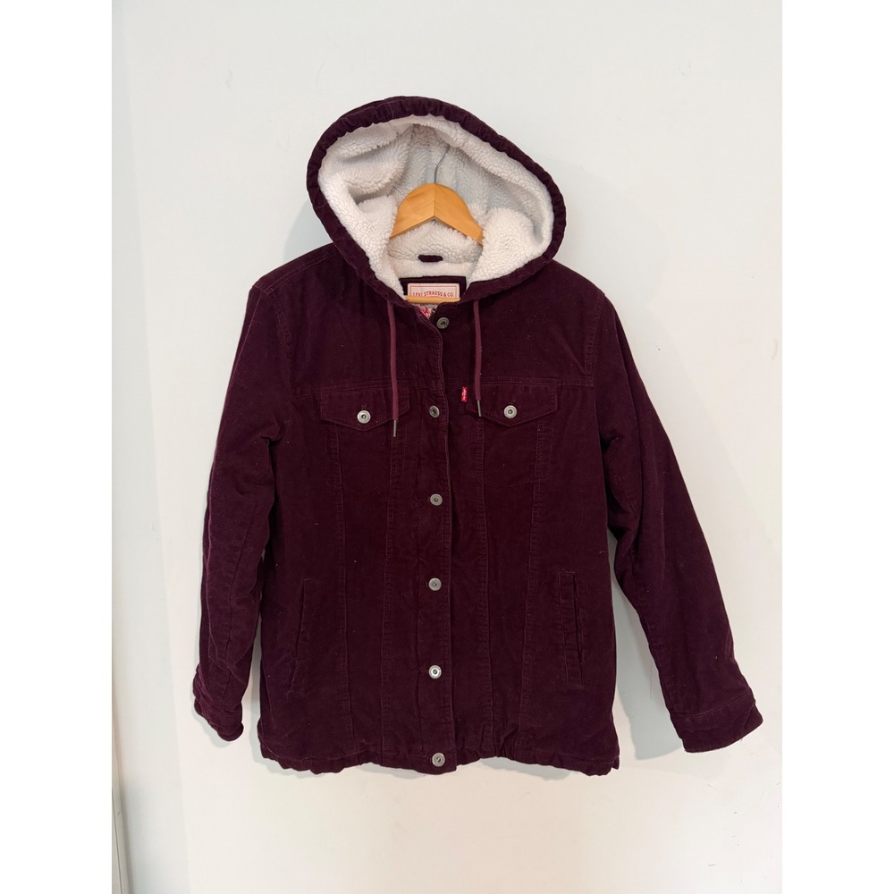 Levis Womens Corduroy Sherpa Lined Hooded Trucker Jacket Plum Purple Medium